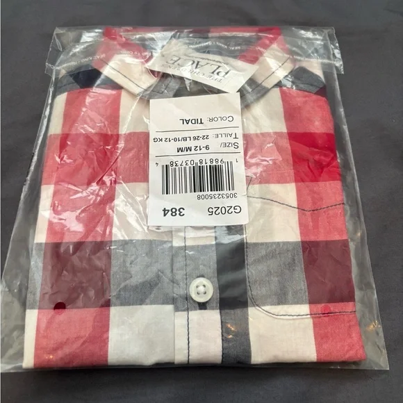 Kids Children’s Place Red and White Check Button-Up Shirt-Size 9-12 months - Picture 2 of 3